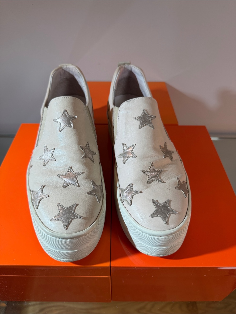 Women's White Slip-On Sneakers with Silver Star Accents